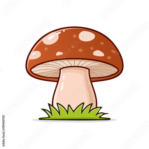 Brown capped mushroom with white spots growing in green grass illustration