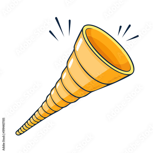 Golden antique horn with sound waves emanating outwards against a white background