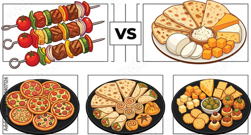 Delicious party food collection with grilled meat skewers pizza wraps and cheese platter vector illustration for catering