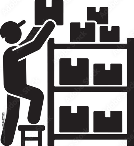 Worker stacking boxes on a shelf depicted in a stark black silhouette