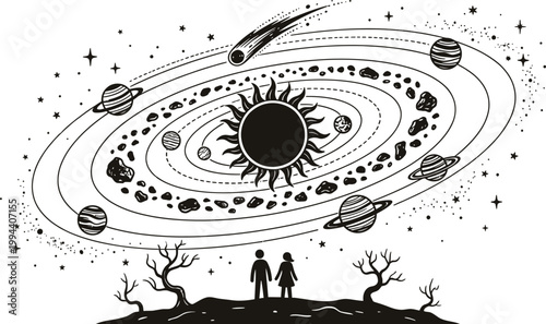 Solar System Orbit Illustration with Planets and Stars