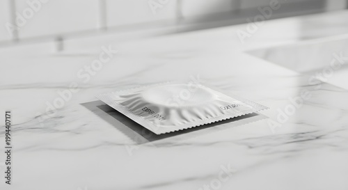 Unopened condom wrapper on marble surface, safe sex concept in modern bathroom, white foil condom packaging for birth control and protection