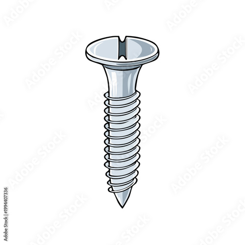 Silver Slotted Head Screw, Metal Fastener with Threaded Shaft, Isolated Illustration