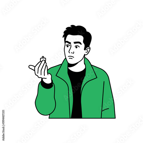 Man holding a small object with a surprised expression.