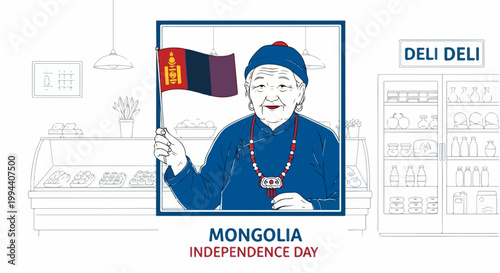 Mongolia Independence Day celebration with woman holding flag and traditional attire, deli store background. Mongolia Independence Day event for national pride and cultural heritage.