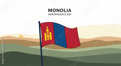 Mongolia flag waving on independence day celebration with sunrise over rolling hills. National holiday concept for Mongolia independence day.