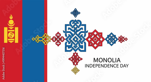 Mongolia Independence Day celebration with national flag and traditional ornaments. Mongolia Independence Day festive design featuring patriotic symbols and cultural patterns.