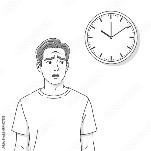 Man looking worried at the clock showing late time.