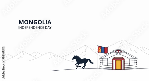 Mongolia Independence Day celebration with traditional yurt and horse, national flag waving proudly. Festive Mongolia Independence Day concept for patriotic events.