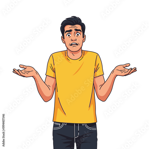 Man Shrugging Shoulders Expressing Confusion and Uncertainty.