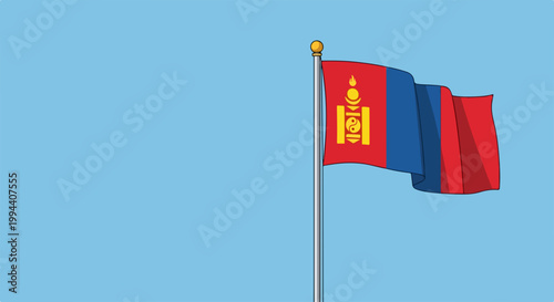 Mongolian flag waving on flagpole against clear blue sky, national symbol of Mongolia. Mongolian flag represents countrys heritage and pride. Concept for national holidays and patriotism.