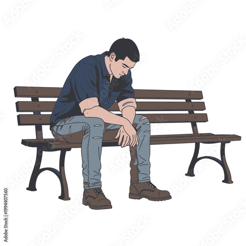 Man sitting alone on park bench looking down.