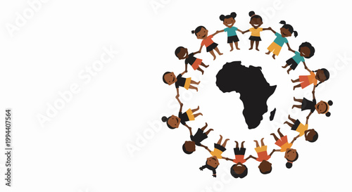 Diverse children holding hands around Africa continent vector illustration for global unity and community concept. for branding, packaging, banner, poster, website header, and social media design use