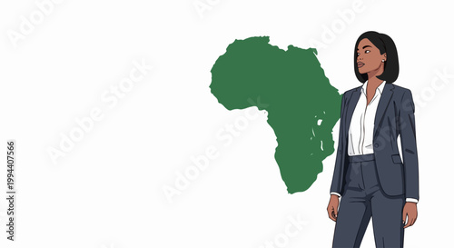 African woman in business suit standing next to continent map vector illustration. Business professional concept for global opportunities and development.