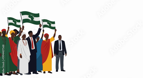 Diverse group of people holding flags in a stylized vector illustration. Celebration and unity concept for national events and cultural gatherings.