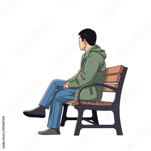Man Sitting on Park Bench Looking Away.