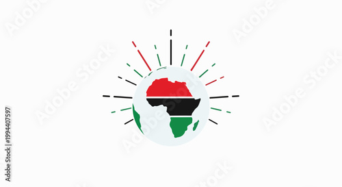 Pan African flag colors on globe vector illustration, symbolizing unity and global reach for African diaspora. Pan African flag colors on globe vector art for cultural representation and heritage.