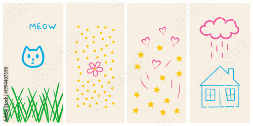 Child s drawing featuring a cat stars hearts and a rainy house