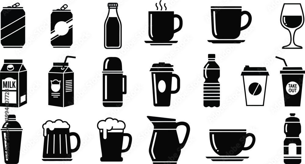 Obraz premium Black and white of various drink containers and glasses drink beverage symbols black and white milk carton