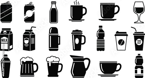 Black and white of various drink containers and glasses drink beverage symbols black and white milk carton