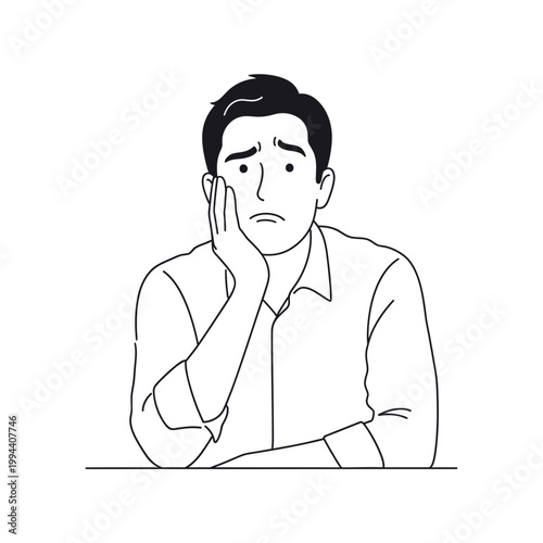 Man with hand on cheek looking worried.