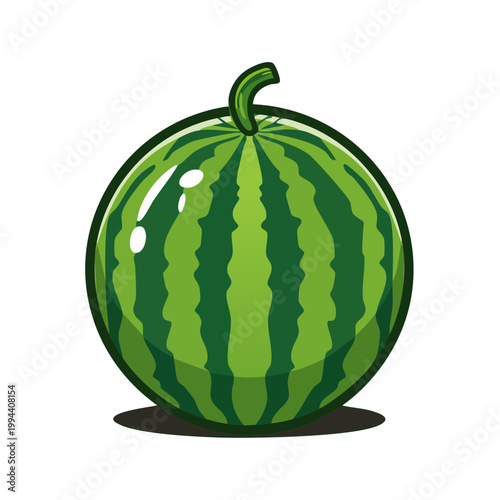 Vibrant green striped watermelon illustration with a stem on a white background