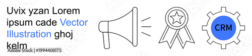 Brand promotion, customer relationship management, achievement, marketing strategies, business tools, recognition. A megaphone, award ribbon and CRM cogwheel . Brand promotion and customer