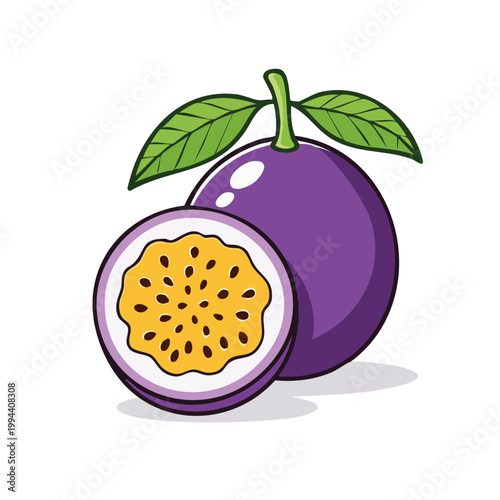 Juicy Purple Passion Fruit Whole and Halved with Green Leaves Vector Illustration