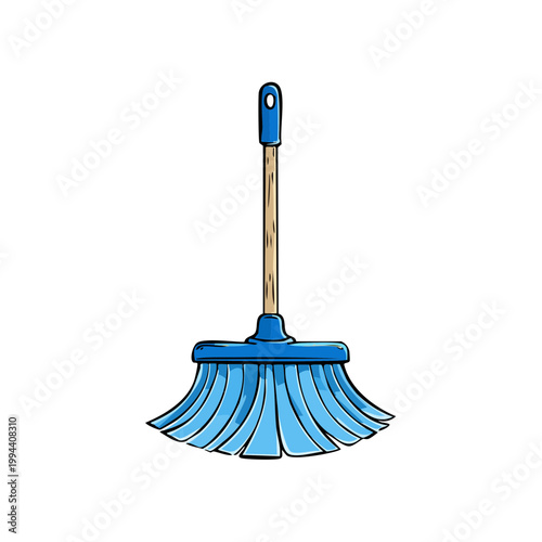Cartoon cleaning broom with a bright blue brush and wooden handle for household chores