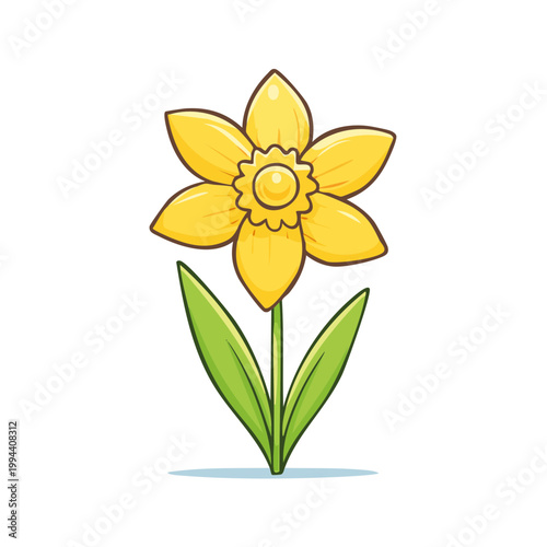 Cheerful cartoon yellow daffodil flower with green leaves and stem on white background