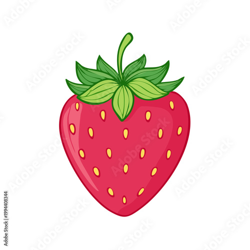 Vibrant Cartoon Strawberry with Green Leaves and Yellow Seeds Isolated on White