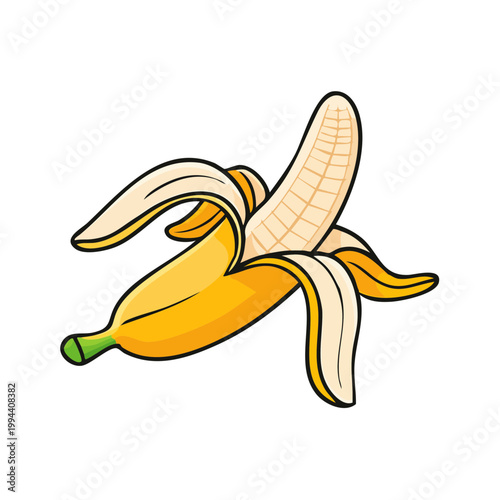 A vibrant cartoon illustration of a partially peeled ripe yellow banana with its skin peeling back revealing the fruit inside.