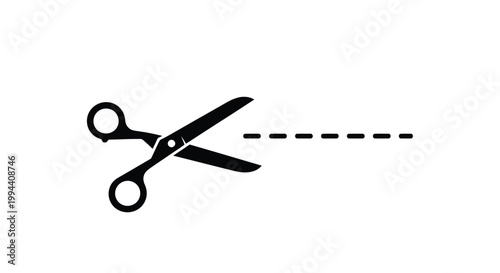 Black silhouette of professional cutting scissors with a dashed guide line for paper craft projects presented as a simple flat vector graphic design style illustration