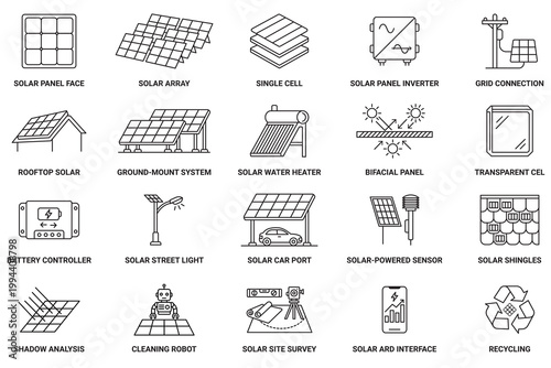 Solar energy and renewable technology icons featuring panels, hardware, and sustainable power systems in a clean linear vector style.