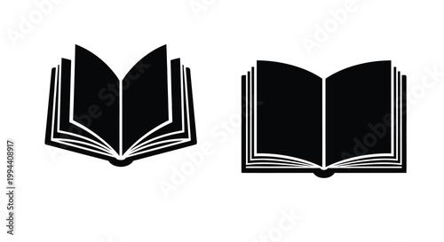 Two open books depicted in a stark black silhouette
