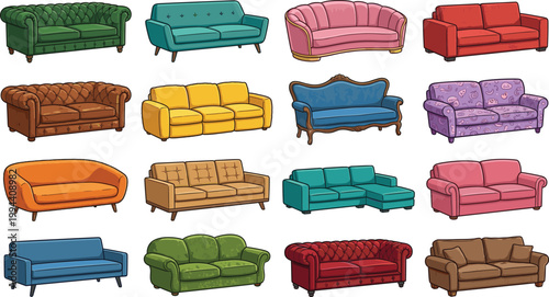 Modern and Classic Sofa Collection Vector Illustration Set with Various Colorful Furniture Designs for Interior Decorating