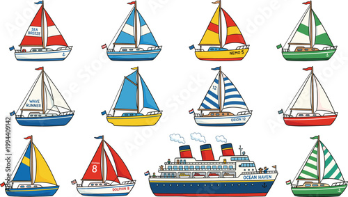 Sailing Boats and Cruise Ship Vector Illustration Set with Colorful Yacht Designs and Ocean Liner Transport