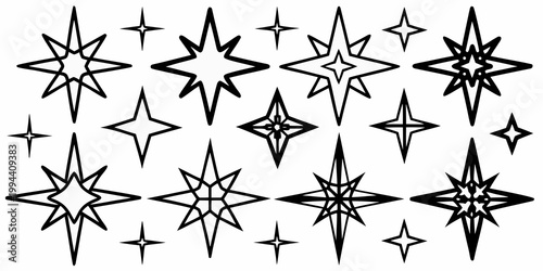 Collection of diverse black star shapes arranged on a white background