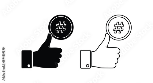 Minimalist vector graphic set showing two stylized thumbs up hands holding a circular badge with a sharp hashtag symbol for modern social media marketing communication concepts