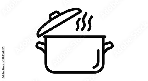 Simple vector line illustration of a steaming cooking pot with an open lid perfect for culinary projects or website icons showing delicious food preparation tasks