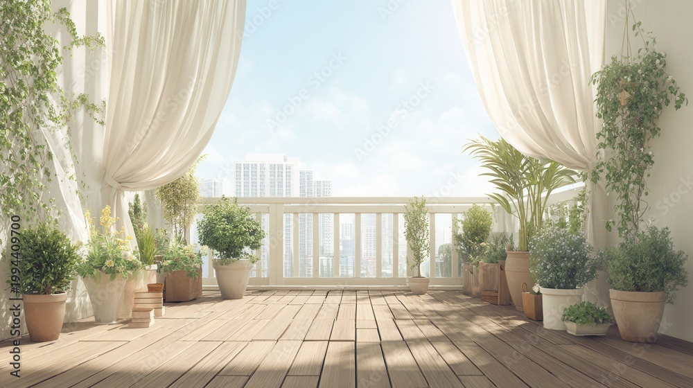 Fototapeta premium Sunlit balcony with lush potted plants and flowing curtains overlooking city skyline serene home space