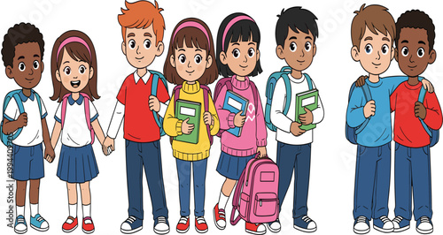 Diverse happy group of elementary school children with backpacks and books walking together back to school cartoon vector illustration on white background.