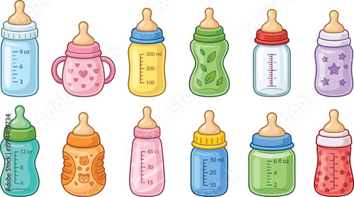 Baby bottles with different shapes, measurement scales and patterns, flat vector illustration icons
