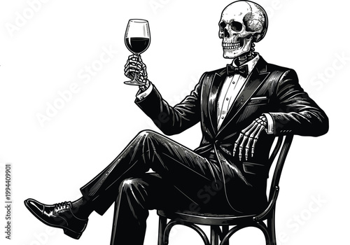 Elegant Skeleton Gentleman with Wine Glass Illustration