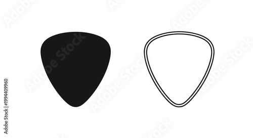 Two guitar picks one solid and one outlined in black and white silhouette