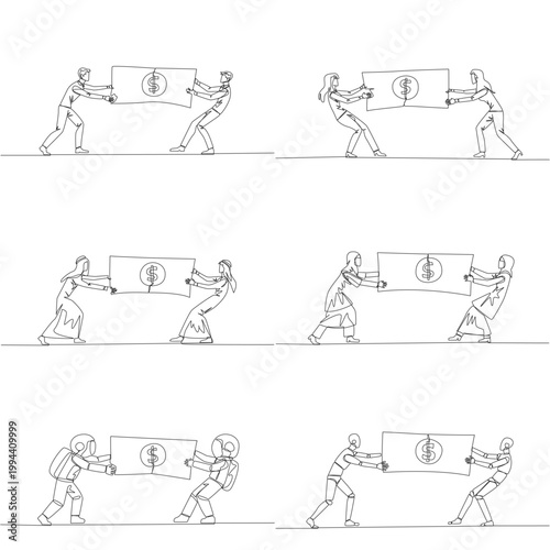 Continuous line drawing displays a man, woman, Arab, astronaut, and robot pulling a torn dollar bill. An engaging financial concept designed perfectly for an economic blog post layout.