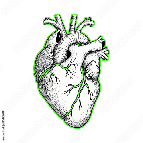 Anatomical Heart Illustration with Green Outline and Stippling Detail
