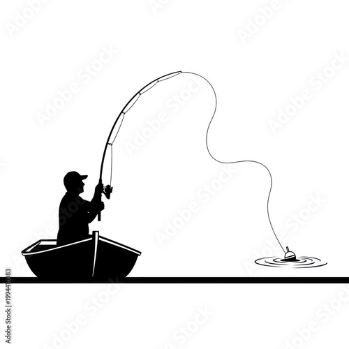 Fisherman Silhouette in Boat, Casting Rod, Fishing Bobber on Water