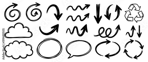 Hand drawn arrow and shape vector set — doodle sketch curved arrows and symbols in black ink for notes and highlights