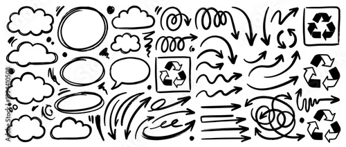 Hand drawn arrow and shape collection — doodle sketch curved arrows and symbols in black ink for notes